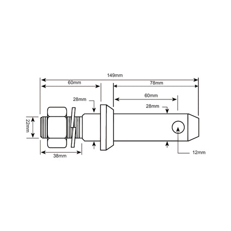 Lower link implement pin 28x149mm, Thread size 7/8x38mm Cat. 2
 - S.900203 - Farming Parts