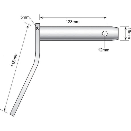 A technical drawing of the "Top Link Pin - S.908858" by Sparex, showcasing dimensions including a handle length of 115mm, a working length of 123mm, and a pin diameter of 19mm. This metal bracket also includes holes measuring 5mm in width and 12mm in diameter.