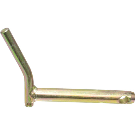 The Top Link Pin - S.908858 by Sparex is a metallic, L-shaped tool with a hollow cylindrical structure, featuring a handle length of 115mm and a small hole near the end of the longer segment.