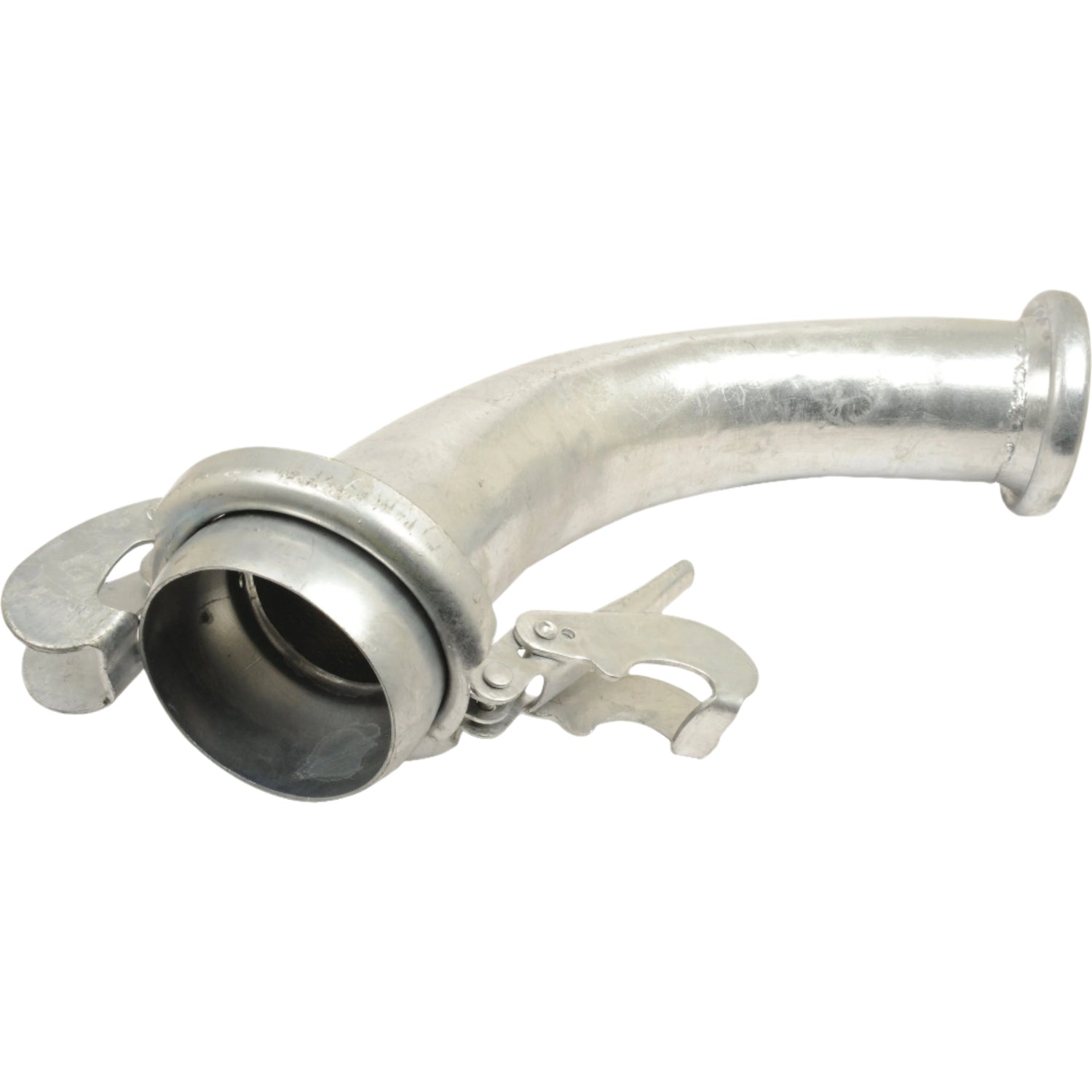 The Sparex 90° Coupling Female & Male - 6'' (159mm) (Galvanised), model S.59443, features a galvanised curved design and an attached locking mechanism, making it ideal for secure and adjustable connections in piping systems.