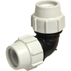 A Sparex 90° Elbow - 50mm x (Sparex Part No. S.119863) plastic compression pipe fitting with two white end caps and a black 90° elbow bend.