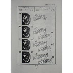 A page from the Massey Ferguson - TE20 Operators Instruction Book (819096M1) by AGCO shows different sizes of rear and front tractor wheels with corresponding measurements and bracket illustrations.