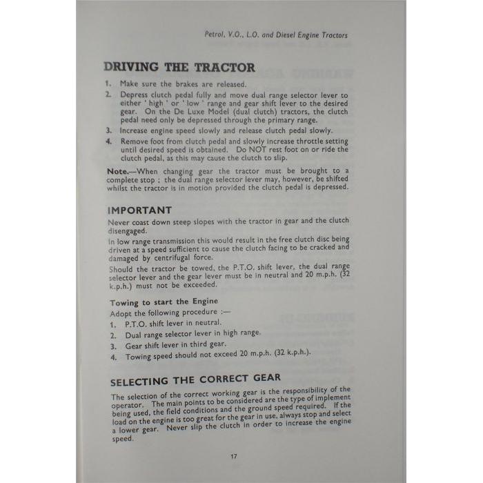 A page from the AGCO FE35 Tractor Operators Instruction Book - 819046M1, titled "Driving the Tractor," detailing steps for operating a Massey Ferguson FE 35 Tractor with petrol, TVO, or 23c diesel engines. The section includes information on gear selection, clutch use, and engine handling, along with cautionary notes and instructions for safe operation.