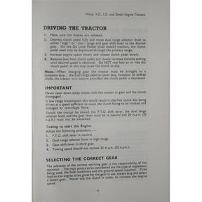 A page from the AGCO FE35 Tractor Operators Instruction Book - 819046M1, titled "Driving the Tractor," detailing steps for operating a Massey Ferguson FE 35 Tractor with petrol, TVO, or 23c diesel engines. The section includes information on gear selection, clutch use, and engine handling, along with cautionary notes and instructions for safe operation.