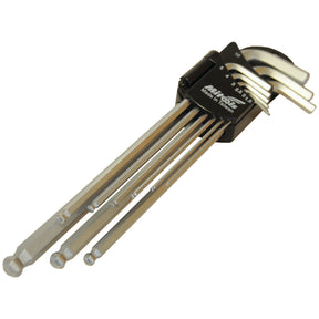The Sparex (9pcs.) Extra Long Ball Point Key Wrench Set, Part No. S.23340, includes a holder for the nine hex keys crafted from durable CR-V/S2 steel, each labeled with its size ranging from 1.5 mm to 5 mm, and proudly marked "Made in Taiwan.