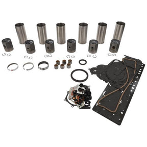 Assorted engine parts including pistons, cylinder liners, seals, gaskets, and rings from the durable AGCO Massey Ferguson A6.354.4 Engine Overhaul Kit (Part Numbers: 3639491M1, 3931489M91) arranged on a white background.