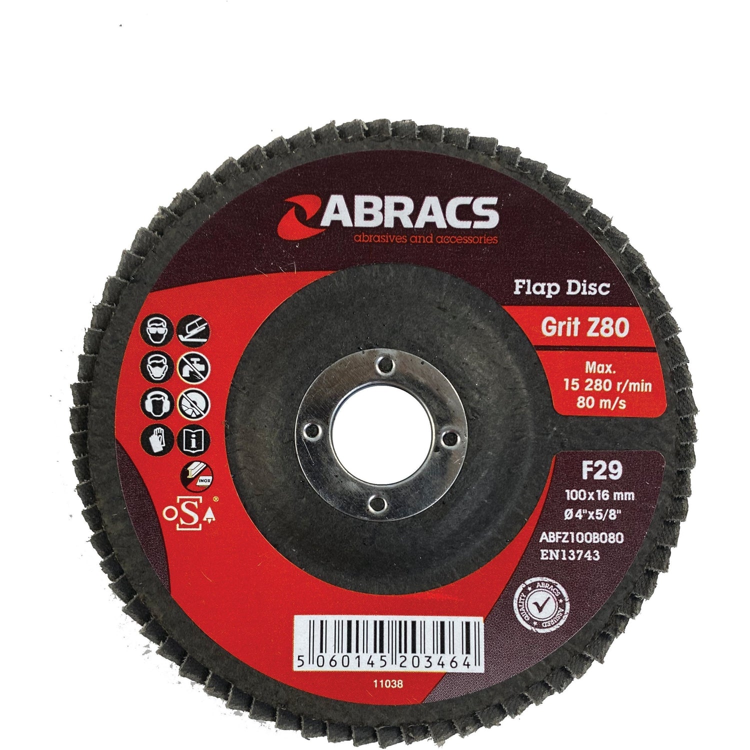A Sparex Flap Disc, product code S.20189, labeled "80 Grit" with max speed 15,280 r/min and dimensions 100 x 16 mm. Designed for maximum performance on stainless steel. The packaging is red and black with various safety and standards icons.