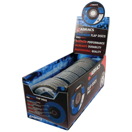 A box of Sparex Flap Disc Ø115 x 10 x 22mm - 40 Grit (S.50138) arranged in rows with one disc placed upright on the top corner of the box. The box highlights maximum performance, increased durability, and professional quality for stainless steel applications.