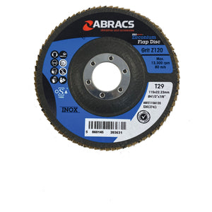 A blue Sparex Flap Disc, model S.13353, T29, with dimensions 115x22mm. It’s designed for use at a maximum speed of 13,300 RPM and features a durable zirconium construction with a 120 grit rating.