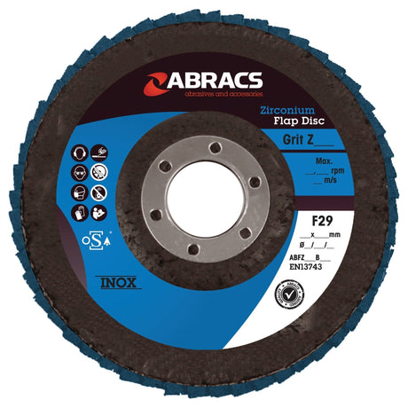 The "Sparex Flap Disc⌀180 x 10 x 22mm - 80 Grit - S.20192" is expertly designed for maximum performance stock removal. Featuring durable blue abrasive flaps, the disc prominently displays its specifications and safety icons on the front, making it ideal for stainless steel applications.