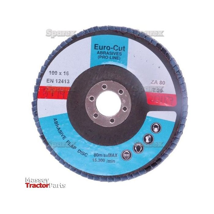 A round flap disc labeled "Sparex" with specifications including ⌀100 x 10 x 16mm, 80 Grit, and S.20189. Designed for maximum performance on stainless steel surfaces, these Zirconium discs ensure efficient material removal at a speed of 15,300 RPM.