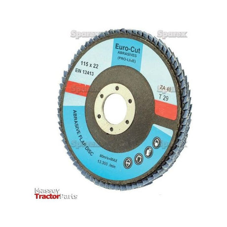 Close-up image of a Sparex Flap Disc Ø115 x 10 x 22mm - 40 Grit (S.50138), designed for maximum performance on stainless steel grinders, labeled with product specifications and brand logos.