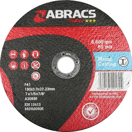 A red and black metal cutting disc labeled "Sparex Flat Metal Cutting Disc Ø178 x 3 x 22.23mm A30RBF - S.11751" with specifications such as 8,600 RPM and 80 m/s, designed for steel cutting. This high-performance disc features various icons and standards printed on its surface to ensure professional quality performance.