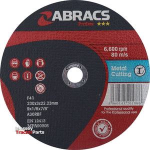 A red and black Sparex Flat Metal Cutting Disc⌀230 x 3 x 22.23mm A30RBF - S.11752 label showcasing specifications: 230x3x22.23 mm, 6600 rpm, 80 m/s, EN 12413, with professional user certification for high-performance disc and fast cutting.