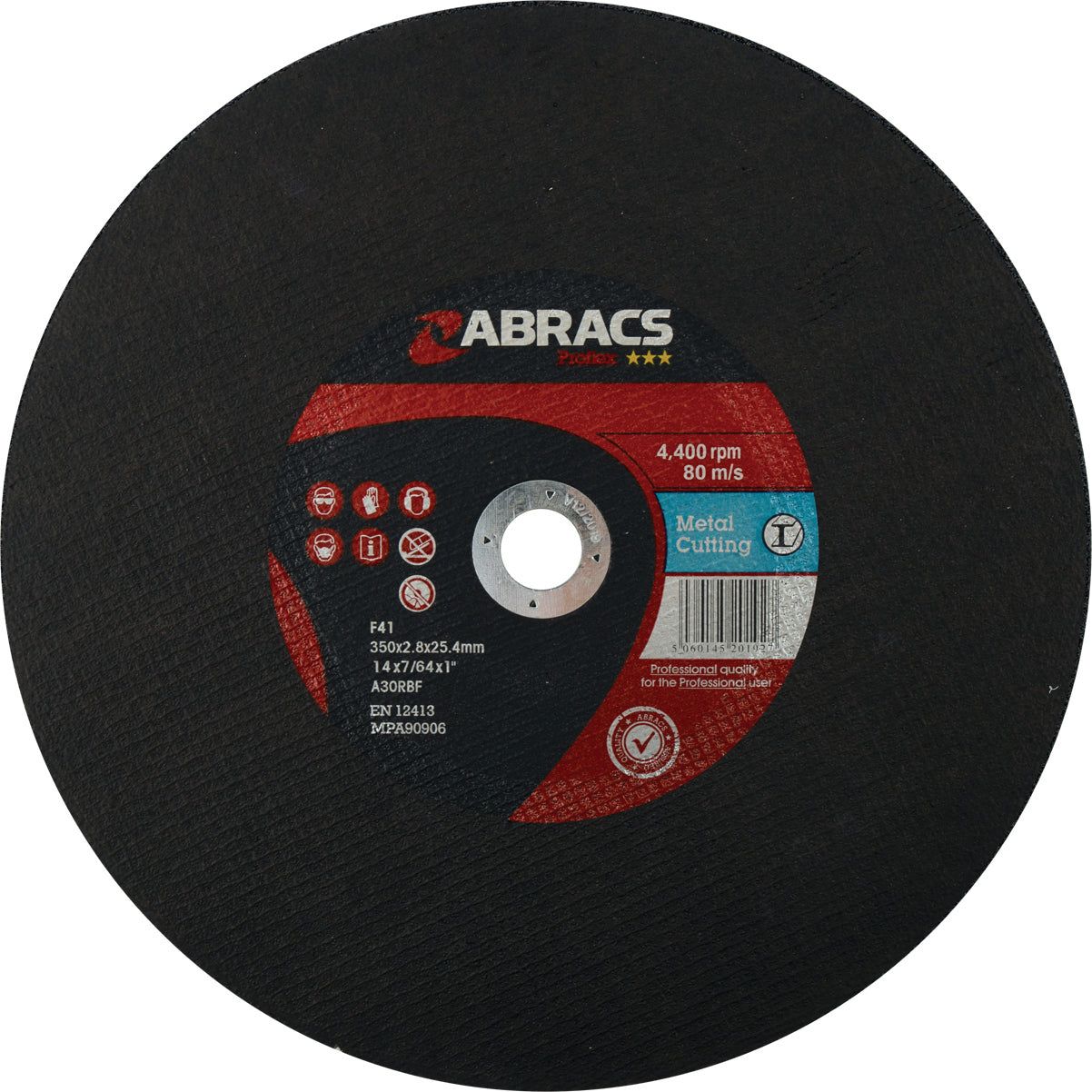A photo of a black Sparex branded high performance Flat Metal Cutting Disc⌀350 x 2.8 x 25.4mm A30RBF - S.20209 for metal, labeled with specifications: 350x2.8x25.4mm, 4,400 rpm, and a maximum operating speed of 80 m/s.
