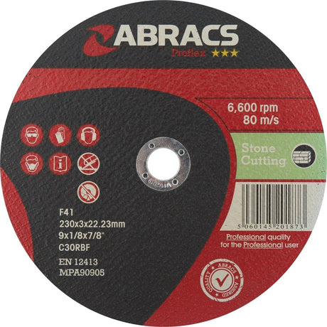 The Flat Stone Cutting Disc⌀230 x 3 x 22.23mm C30RBF - S.13349 from Sparex is designed for stone cutting with specifications of 230x3x22.23mm, 6600 RPM, and an operational speed of 80 m/s. Suitable for professional use, it boasts high-quality manufacturing and compliance markings. For more information, consult the product details.