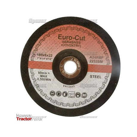 The Metal Grinding Disc 178mm x 6mm x 22.23mm A24RBF - S.11748 from Sparex is a high-performance abrasive tool designed for steel, featuring an RPM limit of 8,500 and engineered to reduce vibration during use.