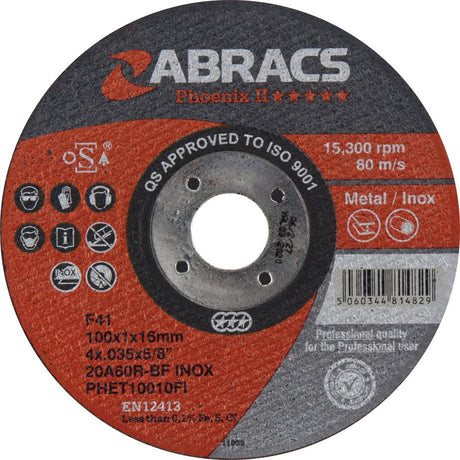 Close-up of a Sparex Metal | INOX Slitting Disc, model S.24899, featuring specifications and certifications printed on it, including size ⌀100 x 1 x 16mm, 20A60RBF - S.24899, a maximum speed of 15,300 rpm, and approval to ISO 9001 standards. This professional quality disc is suitable for use on steel.