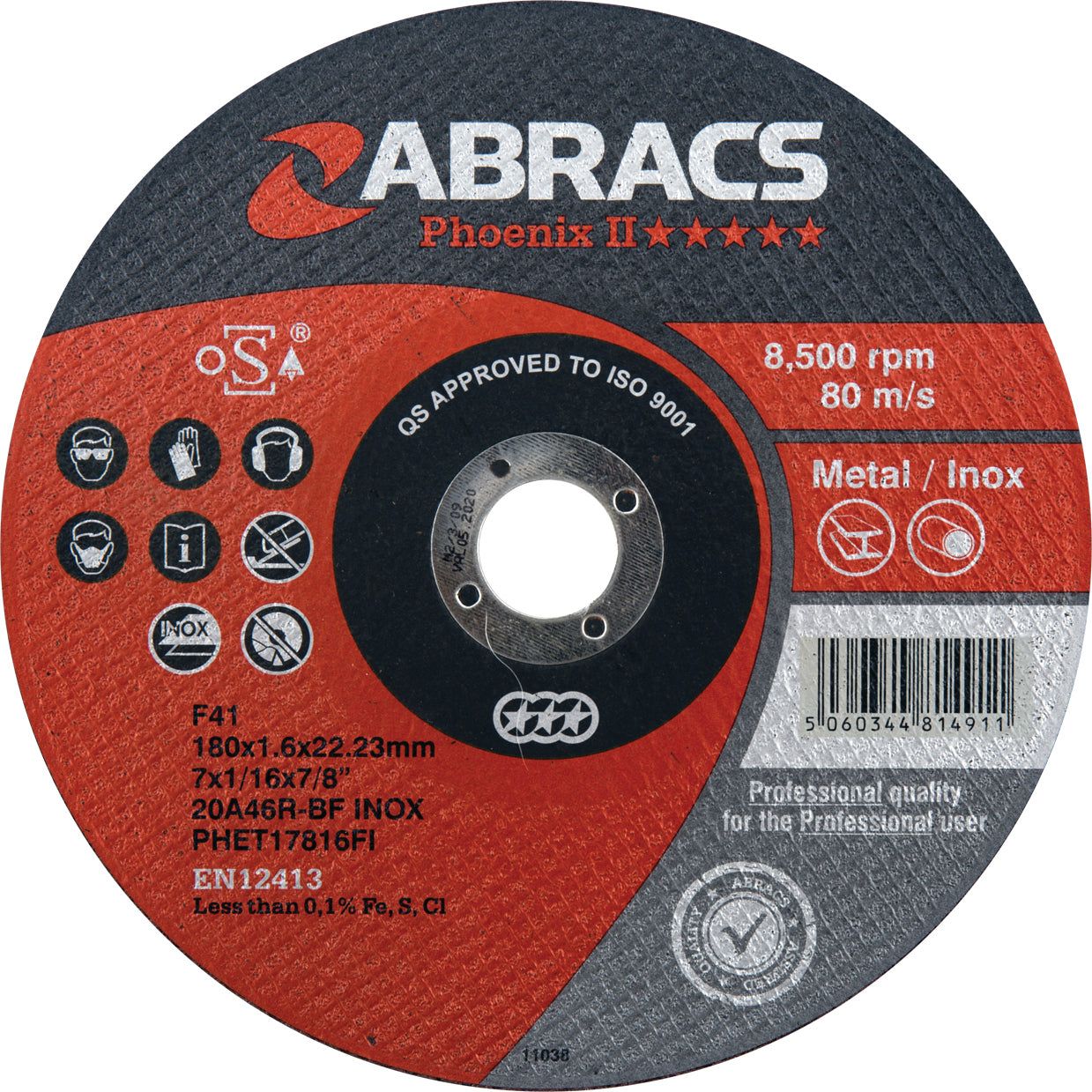 A circular slitting disc labeled "Sparex Metal | INOX Slitting Disc Ø180 x 1.6 x 22.23mm 20A46RBF" (Sparex Part No. S.24900), approved to ISO 9001, for cutting metal and INOX, with a maximum speed of 8,500 rpm and 80 m/s; product details and bar code are visible.