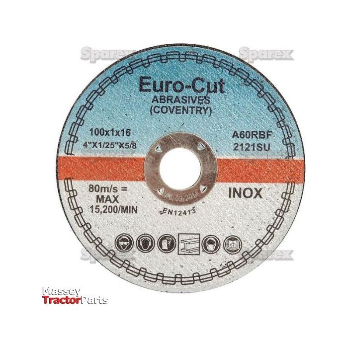 A round Sparex Metal | INOX Slitting Disc ⌀100 x 1 x 16 mm 20A60RBF - S.24899, with professional quality performance and specifications printed on its surface. The label includes a maximum speed of 15,200/min and dimensions of 100x1x16 mm, making it suitable for use on steel.