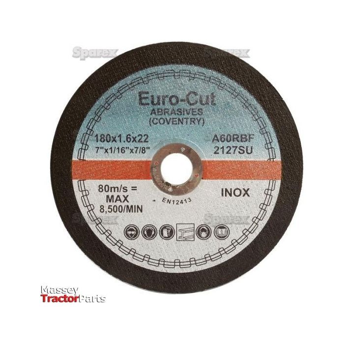 A slitting disc labeled "Sparex Metal | INOX Slitting Disc", Ø180 x 1.6 x 22.23mm, 20A46RBF, Sparex Part No.S.24900, suitable for metal including inox and a maximum speed of 8,500 RPM.