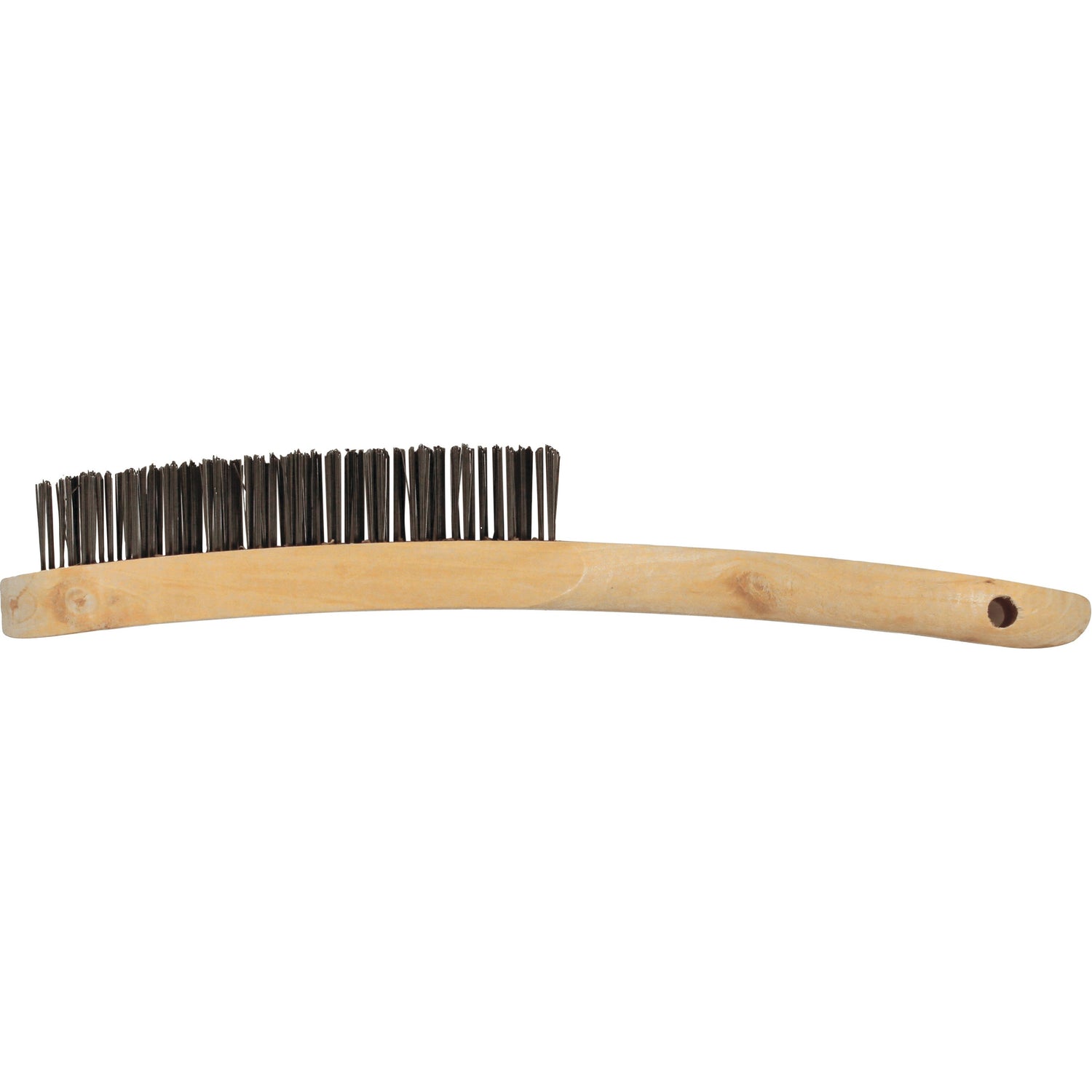 The ABRACS Wire Brush - 2 Row - S.54063 by Sparex, features a wooden handle with stiff bristles and a curved design, making it perfect for cleaning tasks. The product is displayed horizontally.