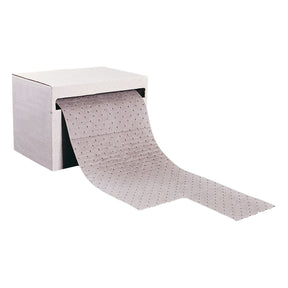 A Sparex ABSORBENT ROLL - S.20465 cardboard perforated dispenser box with a roll of grey fluid absorbent paper partially unrolled and extending out of the box opening.