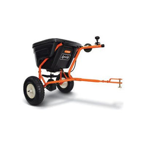 The orange and black Agri-Fab SMARTSPREADER TOW BEHIND - AF45-0463 tow-behind broadcast spreader from Agri-Fab features two wheels, a towing hitch, and an adjustable spreading mechanism, making it ideal for efficient lawn care.