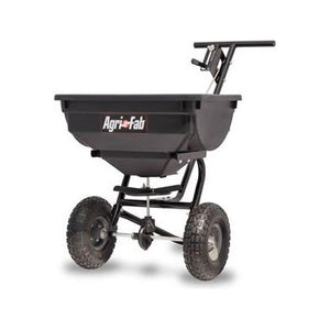 Against a white background, the Agri-Fab 450532 39KG Professional Push-Type Broadcast Spreader - AF45-0532 showcases its black finish, large wheels, and handlebar designed for lawn fertilizer distribution.