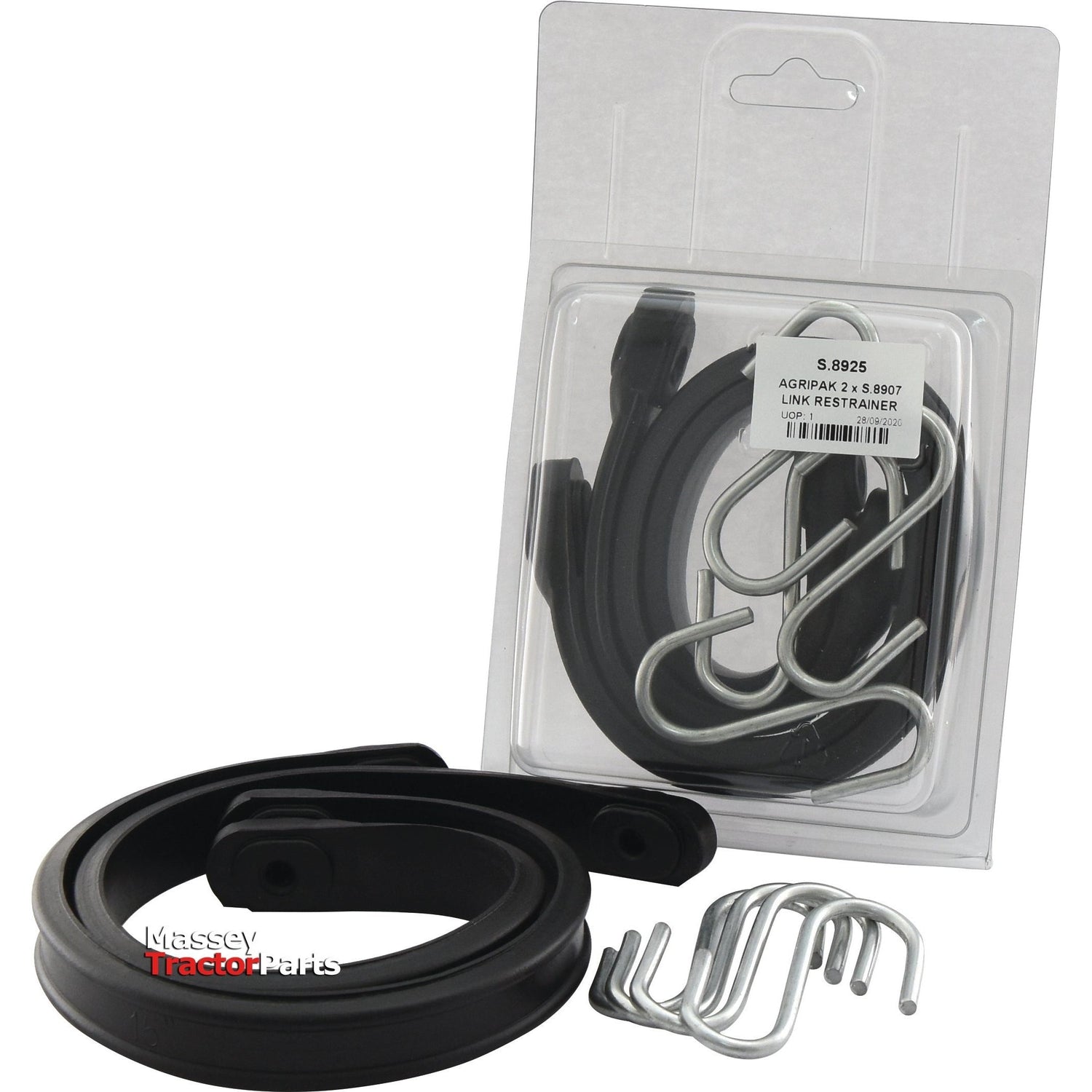 Sparex-branded plastic-packaged and unpackaged tractor parts, including the Link Restrainer - S.8925, black belts, metal hooks, and rubber straps, are displayed against a plain white background. The packaging features a label with text and a barcode.