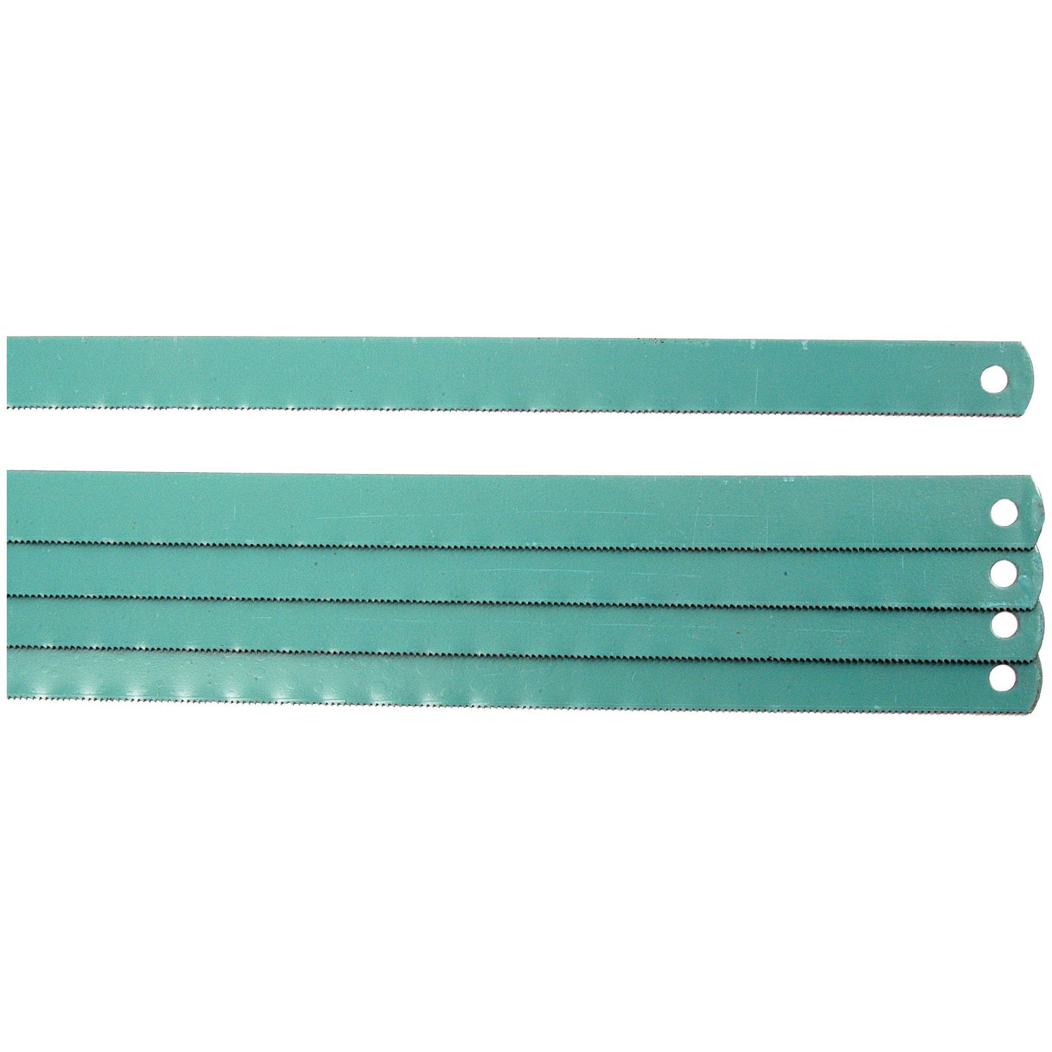 Five green AGRIPAK 12'' hacksaw blades from Sparex (Part No.S.5671), each shatter-resistant with 24 teeth per inch, aligned horizontally.