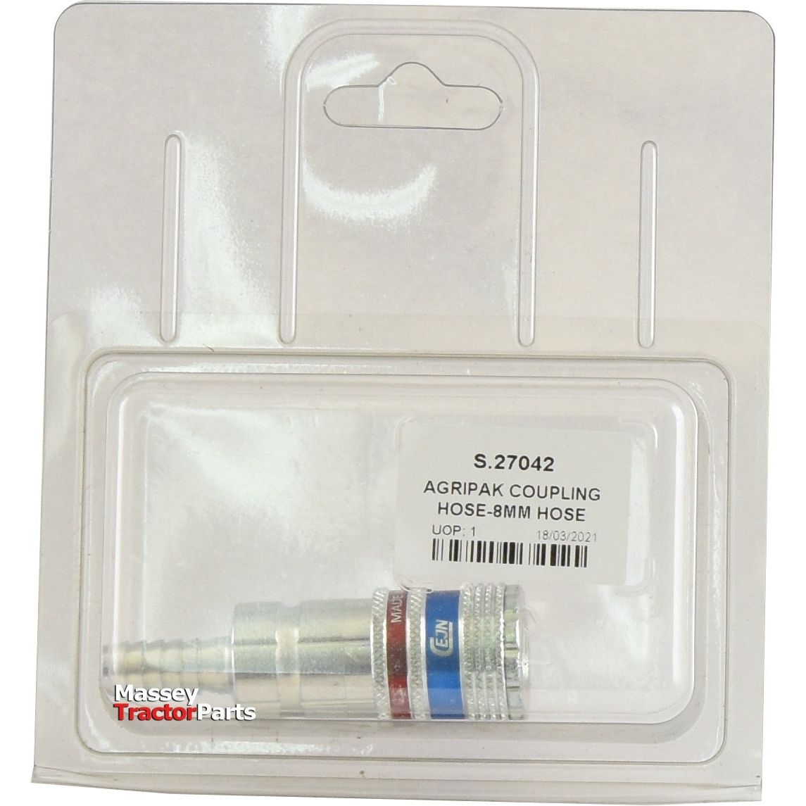 A packaged AGRIPAK Coupling Hose for 8mm hoses is displayed, bearing the Sparex Part No. S.27042 and labeled as "Massey Tractor Parts." The hose's inner diameter is clearly marked, and the manufacturing date is 18/03/2021.