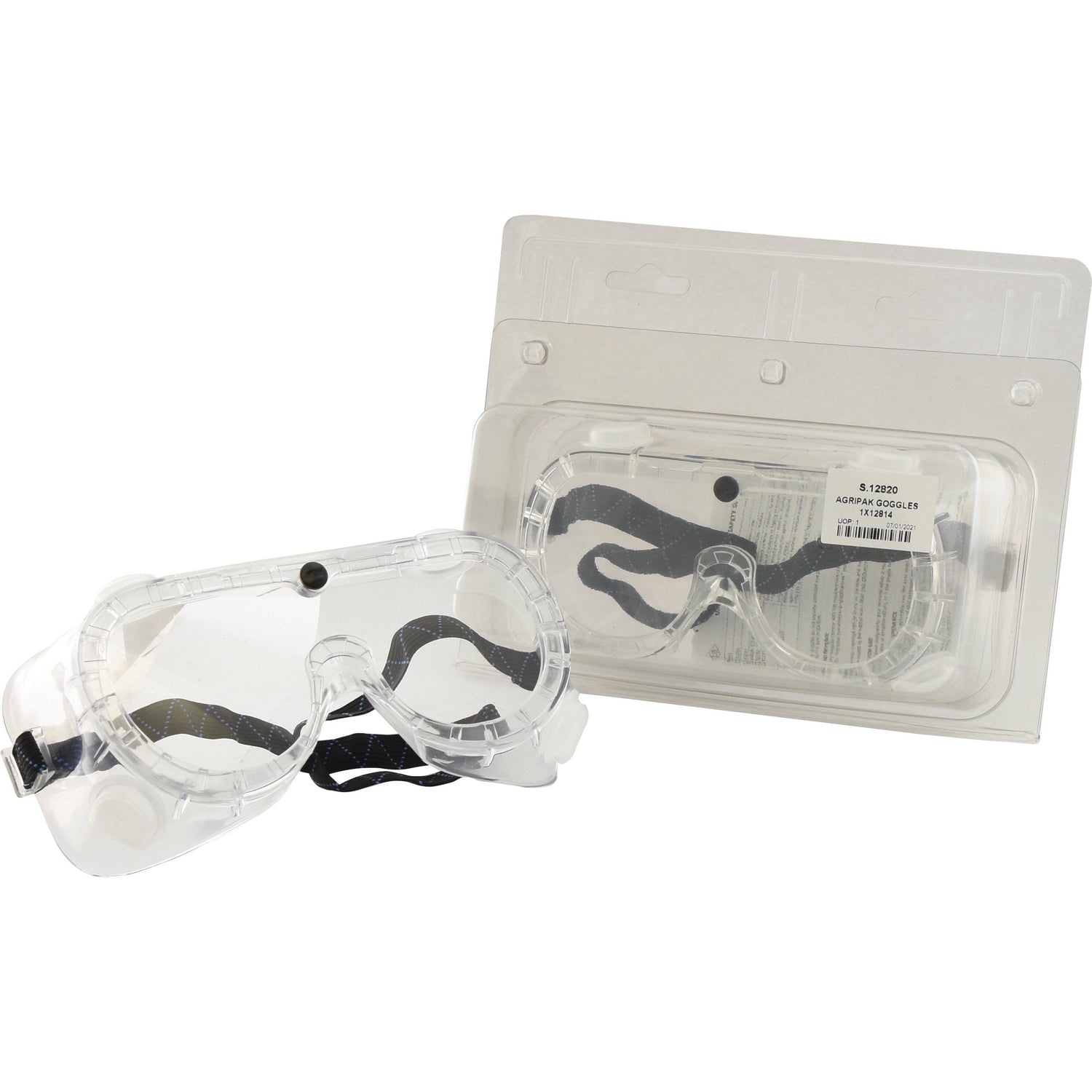 AGRIPAK GOGGLES 1X12814 from Sparex (Part No. S.12820) feature clear safety lenses and a black adjustable strap. Each set comes with one pair in retail packaging and another pair outside, designed for durability and comfort.