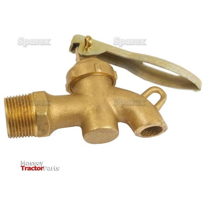 Introducing the Sparex Drum Tap 3/4'' BSP - Brass and Lockable (Agripak 1 pc.), designed with two outlets and an attached lever handle. This high-quality tap features a lockable design, with the screw thread visible on one end. The product bears the Sparex logo, ensuring top-notch quality in every Brass Pack.