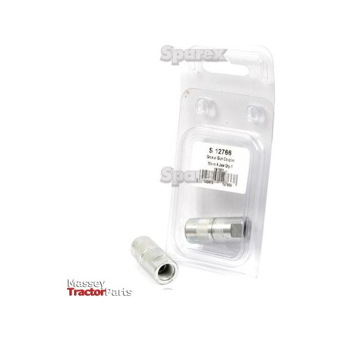 A packaged Grease Gun Coupler M10 x 1.00 Metric HD - 4 Jaw (Agripak 1 pc.) labeled "S.12766" by Sparex, with another identical coupler placed in front of the package. The packaging features a clear plastic cover and a hanging tab.