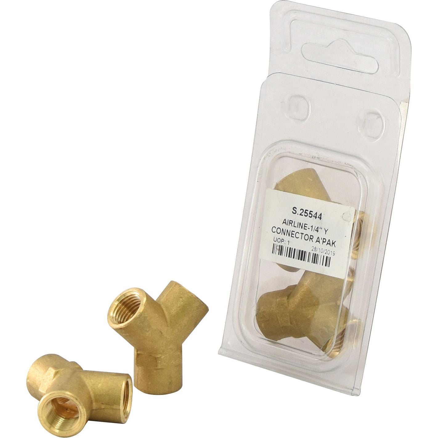 The package contains two brass Y piece connectors with 1/4'' female threads, housed in an Agripak labeled "Y Piece Connector Female Thread 1/4'' BSP (Agripak 2 pcs.) | Sparex Part No.S.25544" by the brand Sparex.