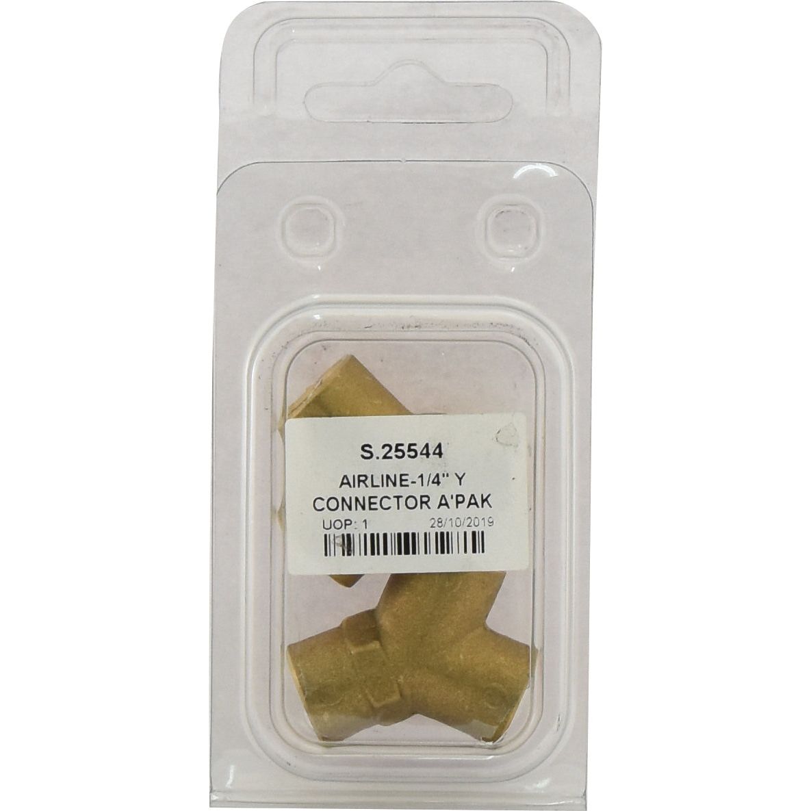 Packaging of a brass Y Piece Connector Female Thread 1/4'' BSP (Agripak 2 pcs.) from Sparex, labeled "Sparex Part No. S.25544", visible inside a plastic blister pack.