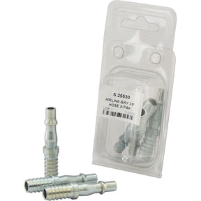 A package labeled "Adaptor 3/8'' ID Hose Tailpiece (Agripak 3 pcs.) | Sparex Part No.S.25530" containing multiple steel airline fittings, with a few connectors displayed outside the package.