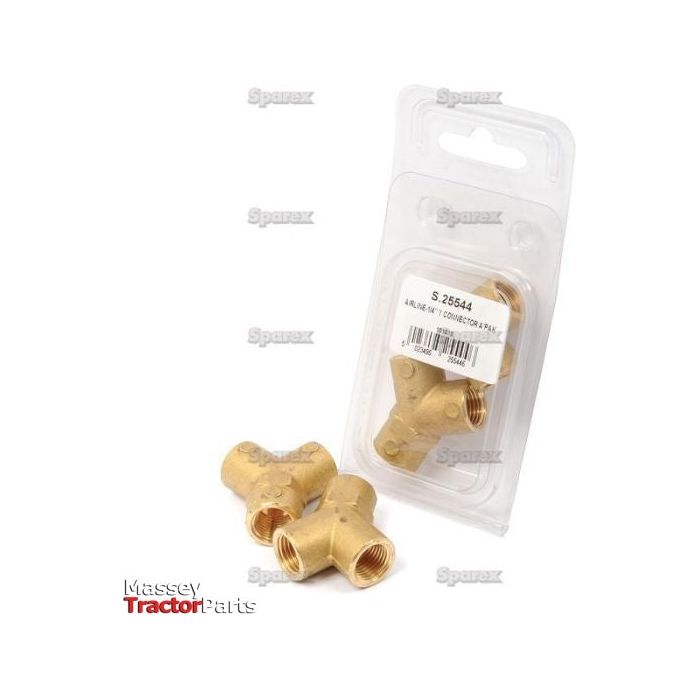 Three brass Y Piece Connector fittings from Sparex, featuring 1/4'' female BSP threads, are shown. Two of them are displayed alongside one in packaging labeled "Y Piece Connector Female Thread 1/4'' BSP (Agripak 2 pcs.) | Sparex Part No.S.25544" with text and a barcode. These fittings have multiple threaded openings for connecting pipes and can also be used as airline fittings.