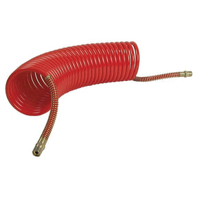 Introducing the Sparex AIRLINE RECOIL HOSE-1/4''BSPT (Sparex Part No. S.11857), a 20 ft. coiled red hose with brass fittings on both ends, designed for easy storage and flexibility, and featuring a 1/4BSP connection.