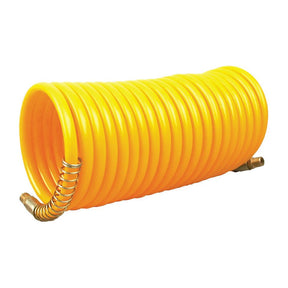 The Sparex AIRLINE RECOIL HOSE-3/8''BSP | Sparex Part No.S.14840 is a coiled yellow airline recoil hose with metal connectors on both ends, featuring a 3/8 BSP fitting and capable of handling up to 300 psi.