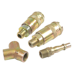 Four metallic pneumatic fittings and connectors, including a Sparex Airline Y Connector (Part No. S.14348) and a Male Coupler, neatly arranged on a white background.