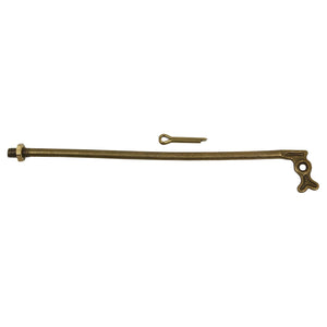 A Ball Valve Lever Arm 240mm by Sparex (Agripak 1 pc.) - S.4487, featuring a metal cotter pin and a long bronze-colored rod with a hooked end and a threaded opposite end, compatible with DN06 specifications, isolated on a white background.