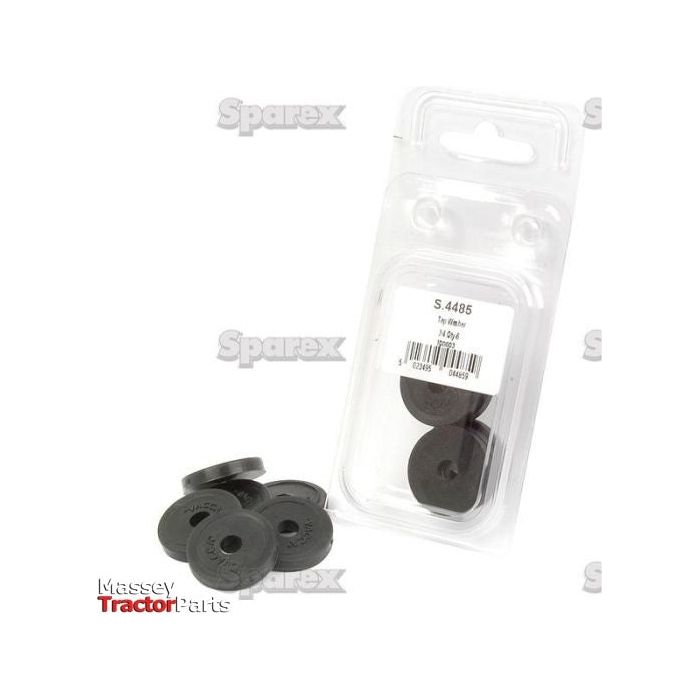 A package labeled "APAK 6PCS TAP WASHER 3/4''B/VAL | Sparex Part No.S.4485" containing rubber washers from Sparex is displayed. Five loose washers are placed in front of the clear plastic package.