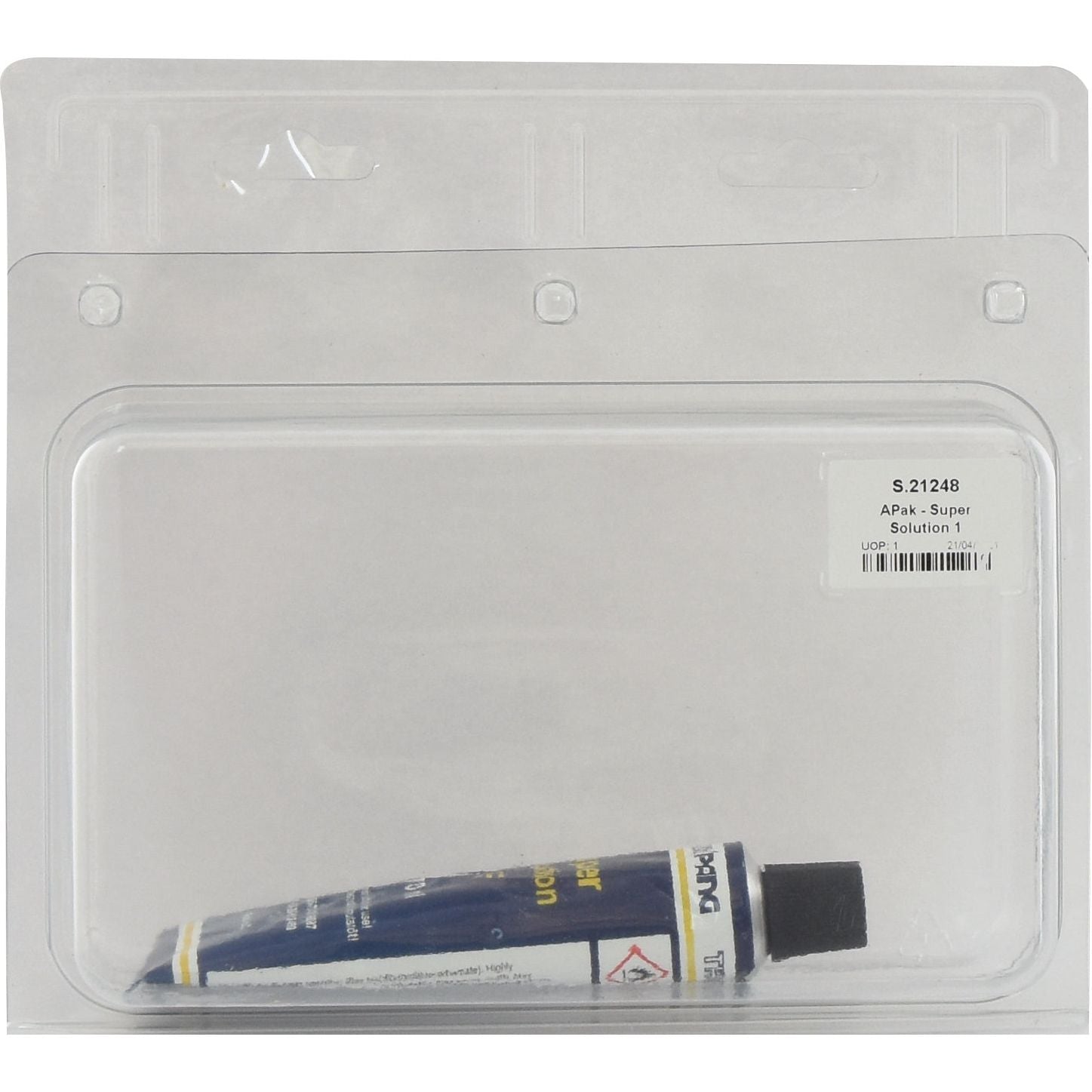 A tube of adhesive labeled "APak - Super Solution 1" by Sparex, also known for its room temperature vulcanisation properties and identified by Sparex Part No. S.21248, is encased in a transparent plastic clamshell packaging with a white label displaying product information and a barcode.