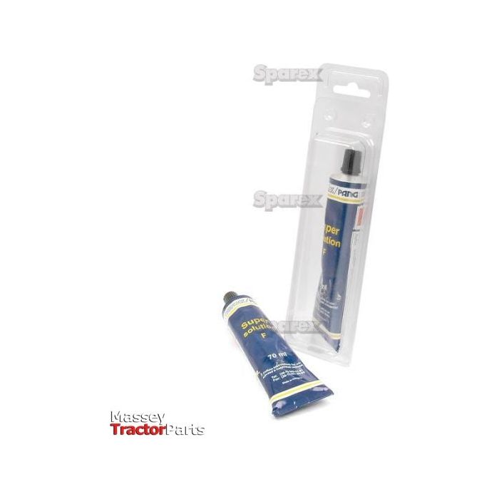 Two tubes of APak - Super Solution 1, both in blue: one packaged in clear plastic and the other positioned in front. The packaging displays text and logos with the brand names "Sparex" and "Massey Tractor Parts." This Self Vulcanising Solution, identified by Sparex Part No. S.21248, is ideal for room temperature vulcanisation applications.