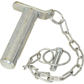 A metal linch pin, featuring an attached chain assembly and a secondary smaller pin connected to a circular ring, identified as the "A Frame Lower Link Pin & Chain" under Sparex Part No. S.23987 from the brand Sparex.