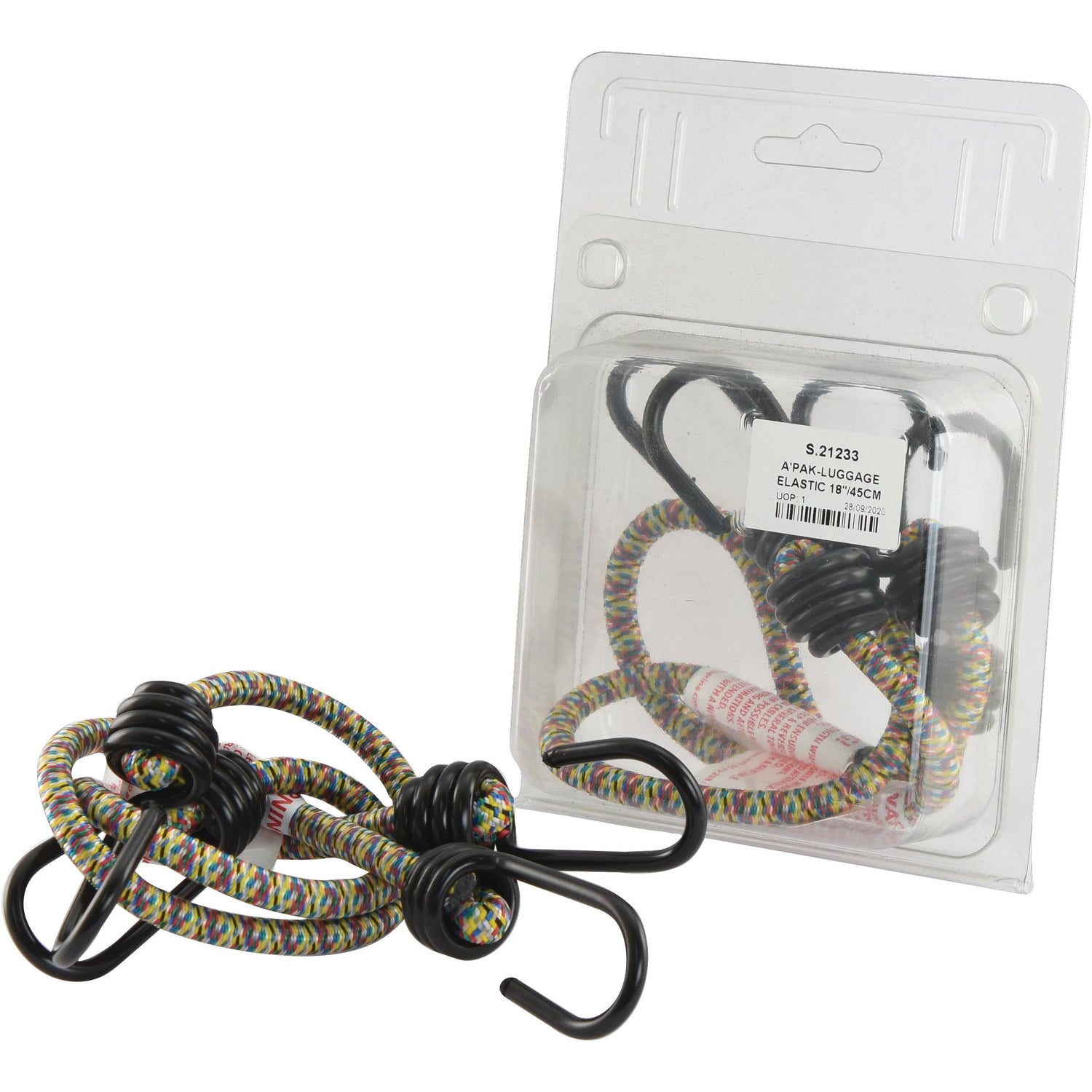 Pack of Sparex A'PAK-LUGGAGE ELASTIC 18''/45CM - S.21233 bungee cords with a hook at each end, colorful in design, displayed inside clear plastic packaging from Agripak next to a set outside the box.