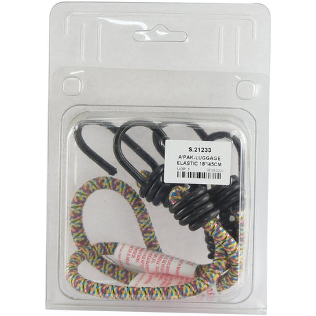 A package from Sparex’s A'PAK-LUGGAGE ELASTIC 18''/45CM - S.21233 includes two elastic bungee cords with a hook at each end. The multicolored braided cords and black polypropylene material ensure durability. The label reads: "S.21233 4-PAK-LUGGAGE ELASTIC 18"/45CM UOR".