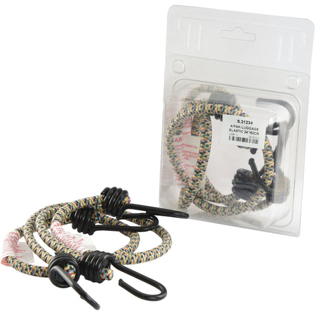 The A'PAK-LUGGAGE ELASTIC 24''/60CM - S.21234 by Sparex is a set of elastic bungee cords with hooks, featuring two cords outside the package. The coiled, multi-colored cords are made from polypropylene with a durable hook at each end.